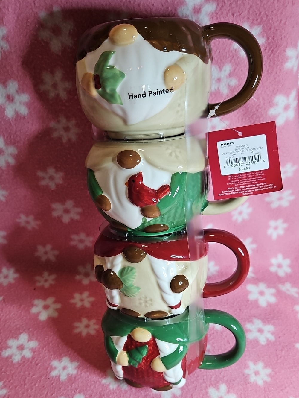 Kohl's Hand-Painted Holiday Stackable Mugs in Red, Green, Brown, White